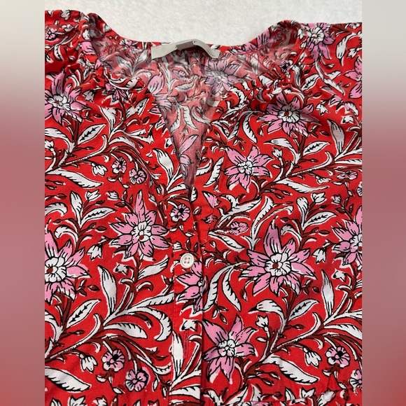 LOFT Red and White Boho Preppy Floral Tiered Ruffled Midi Dress with V-Neck - Picture 14 of 14